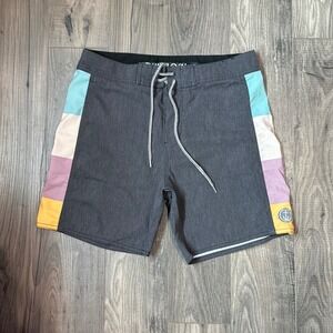 Captain Fin Mens Board Shorts Size 28 Grey Multi Color Stripe 4-Way Stretch Surf